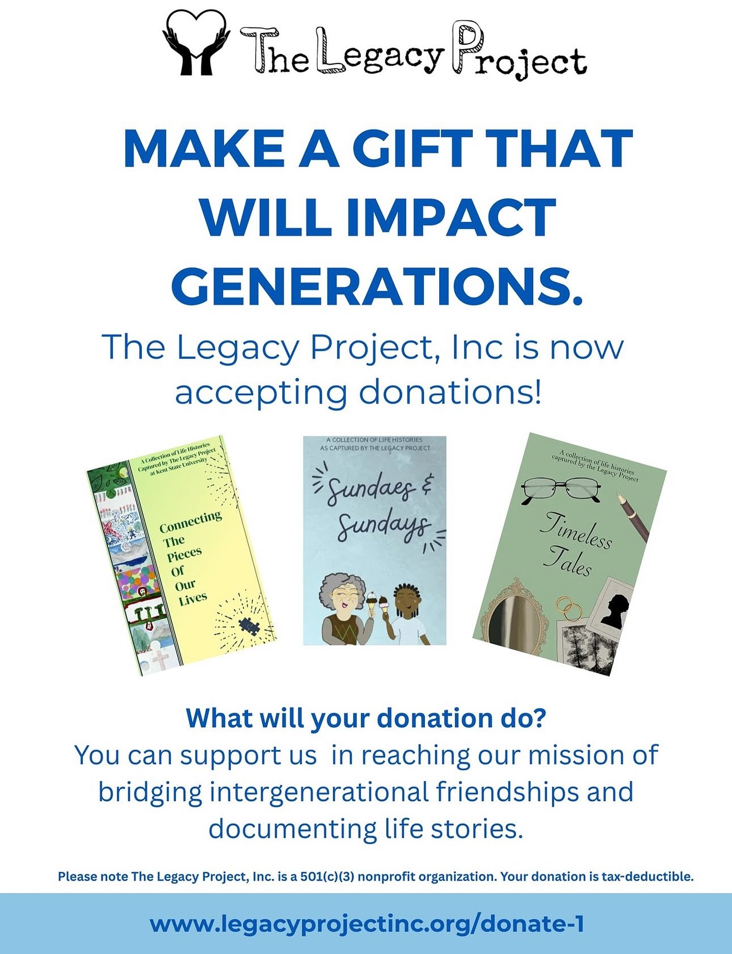 Every story deserves to be remembered. Your donation helps us preserve the voices of older generations, empower students to connect across ages, and share legacies with the world. 🌍💛

Support The Legacy Project today! Every gift makes a difference.