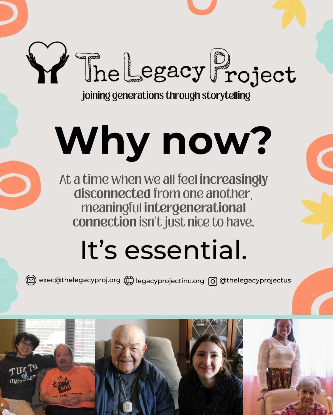 At a time when we all feel increasingly disconnected from one another, meaningful intergenerational connection isn&rsquo;t just nice to have, it&rsquo;s essential! 

#thelegacyproject #nonprofit #intergenerational #volunteer #goodcause❤️
