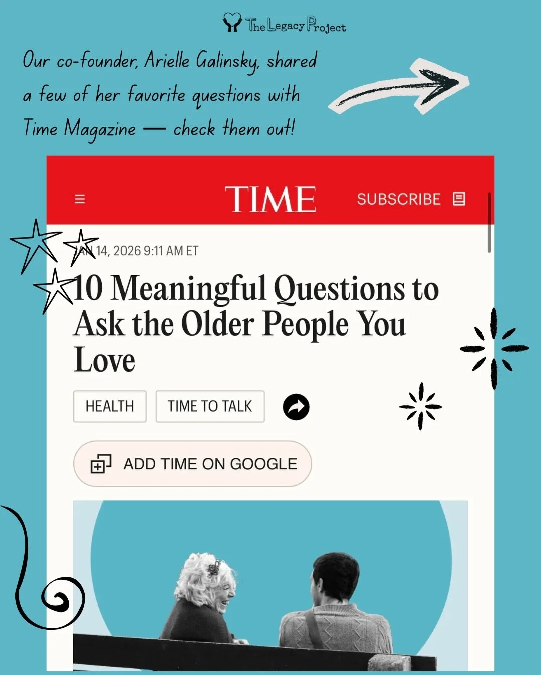 Our co-founder, Arielle Galinsky, shared a few of her favorite questions with Time Magazine - check them out! 

#time #intergenerational #thelegacy #nonprofit #nonprofitsrock