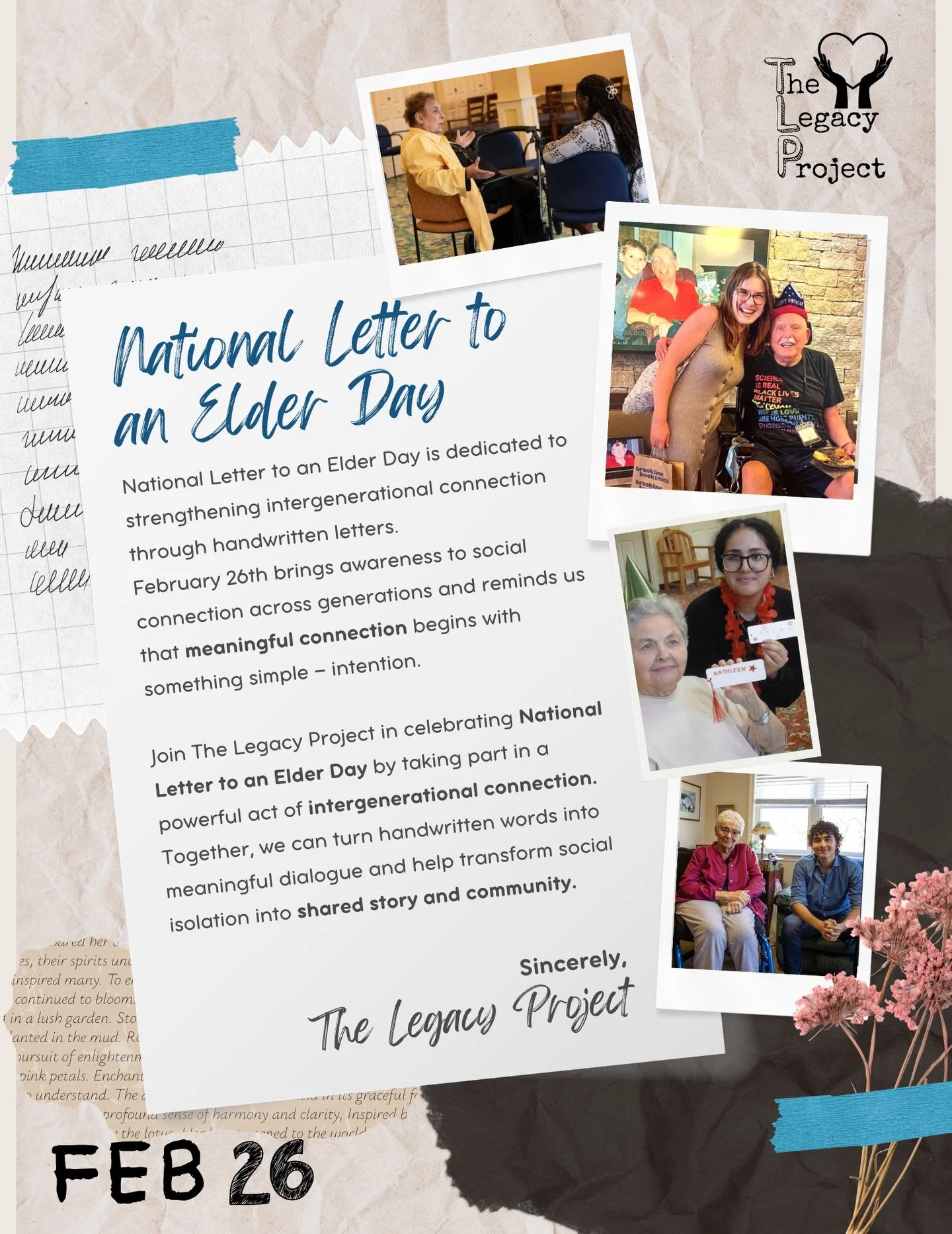 Today we celebrate National Letter to an Elder Day! Today is a reminder that meaningful connection can start with something as simple as a handwritten note. In a world that moves fast, taking a moment to write can slow us down, bridge generations, an