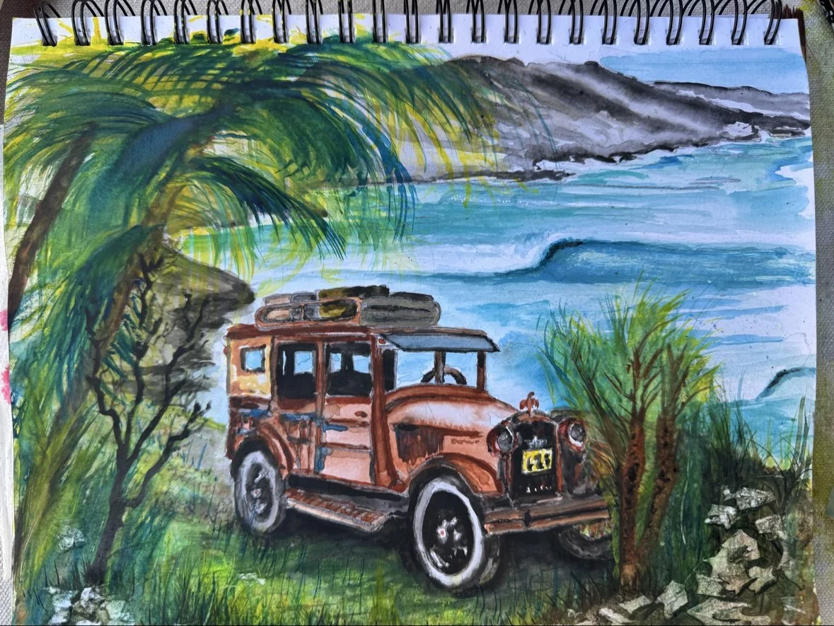 Vintage woodie wagon with surfboards — original coastal painting by Robert Brady