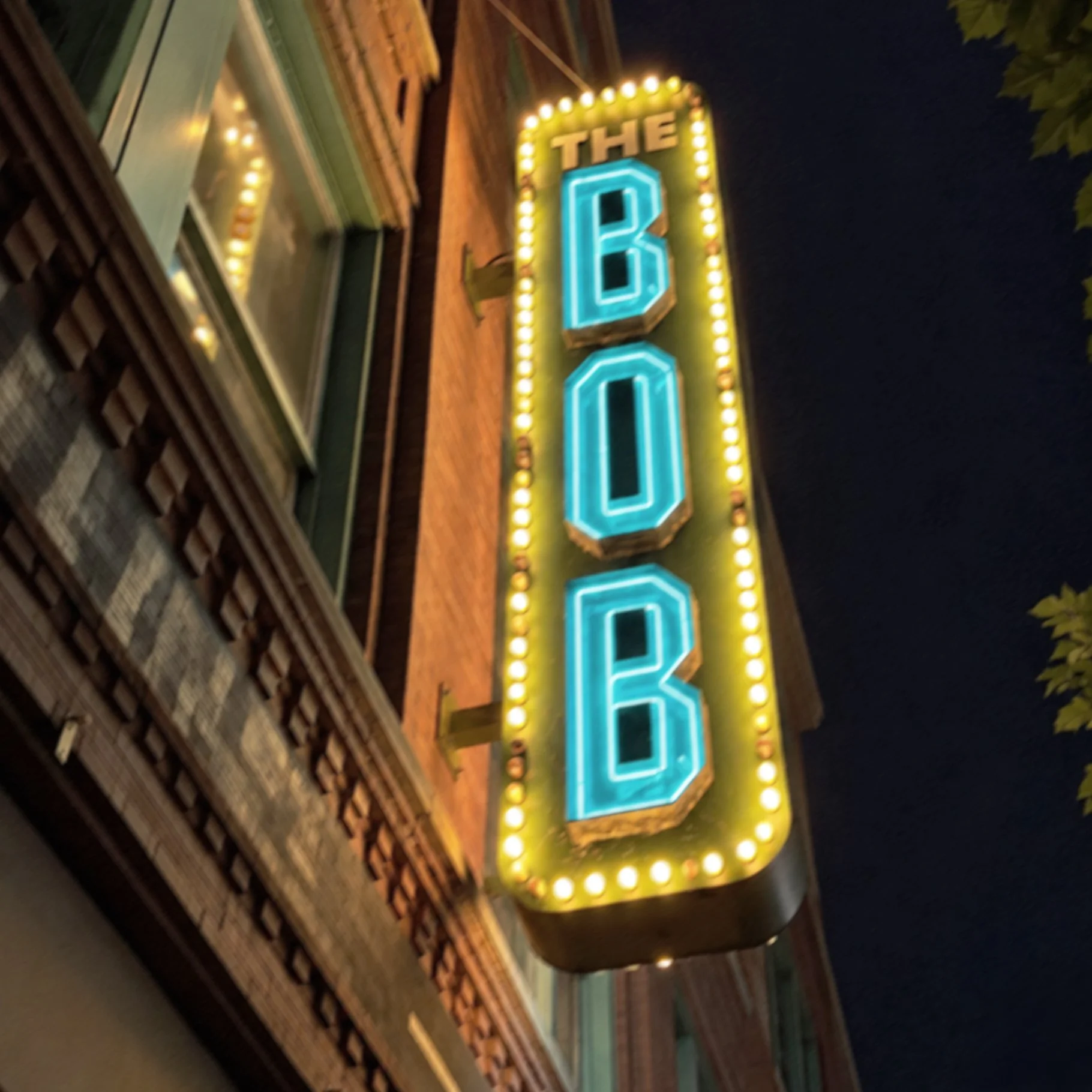 Illuminated exterior sign for The B.O.B. in downtown Grand Rapids, Michigan, a nightlife and karaoke venue featured in the GRkaraoke.com Karaoke Marathon 2026