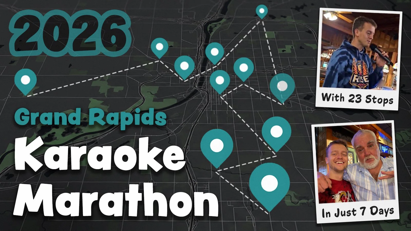 GRkaraoke.com Grand Rapids Karaoke Marathon 2026 cover featuring a Grand Rapids map, karaoke venue stops and photos from a 7-day, 23-stop karaoke tour of West Michigan bars and venues.