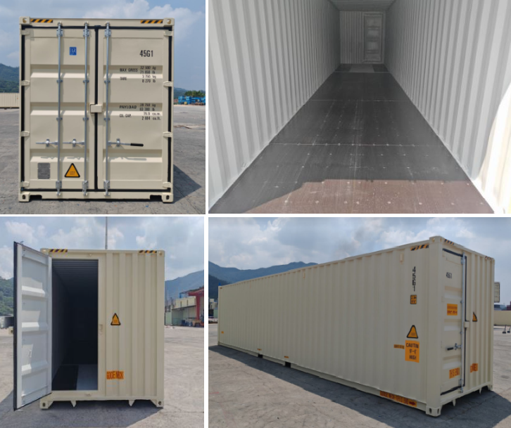 Images of a standard shipping container, showing the closed front, the open side door revealing the empty interior, and the side and rear exterior views, with mountains and sky in the background.