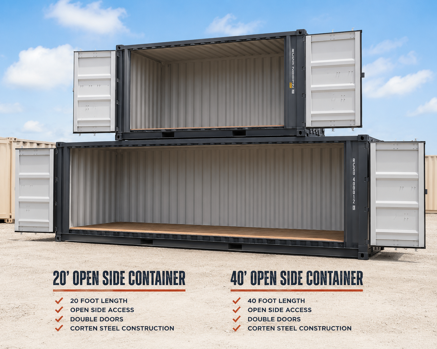 Two stacked shipping containers, one 20 feet long and one 40 feet long, with open side access and double doors, set on a gravel lot with a blue sky and clouds overhead.