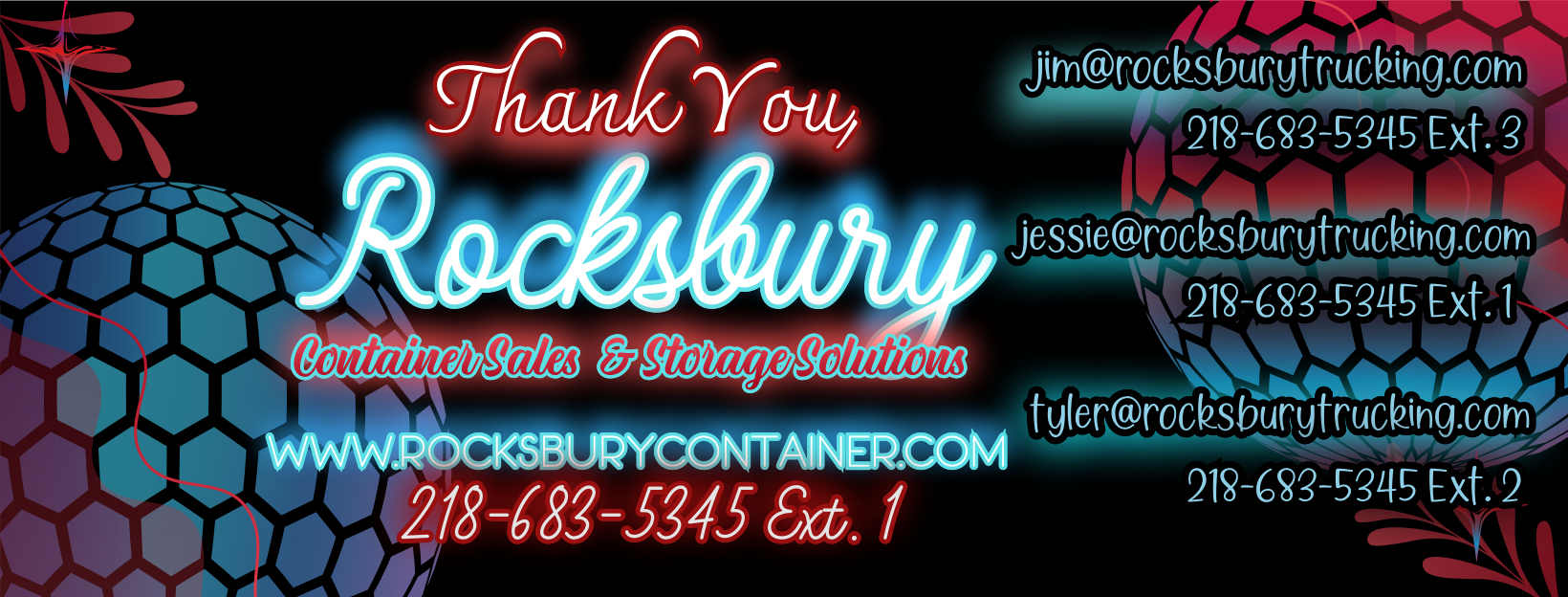 Neon sign displaying contact information and services for Rocks bury Container Sales & Storage Solutions, featuring colorful spherical geometric designs and contact details including email, website, and phone numbers.