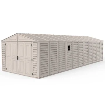 Long beige storage shed with double doors and a small window