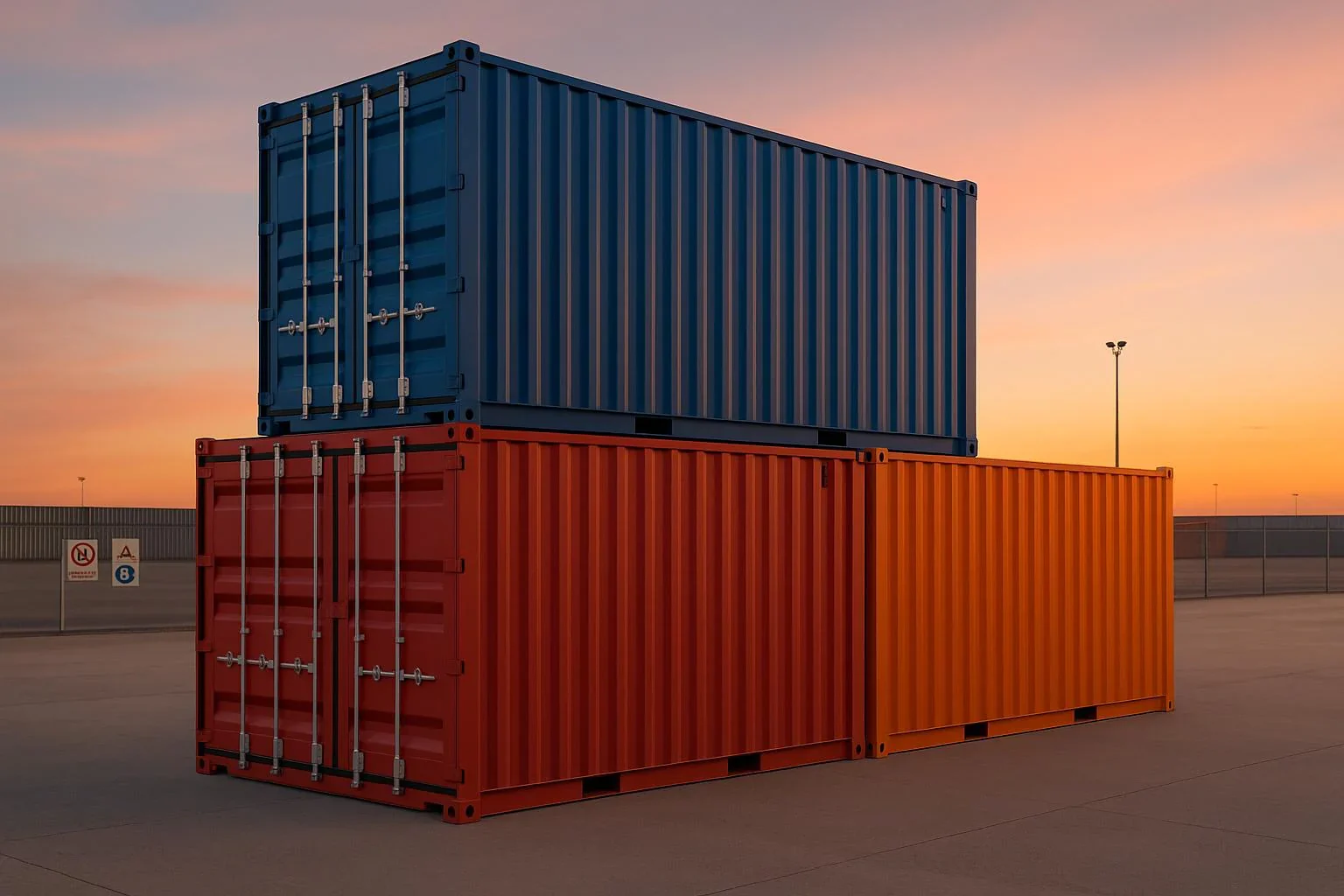 Two stacked shipping containers, one blue on top of one red, at an outdoor storage yard during sunset.
