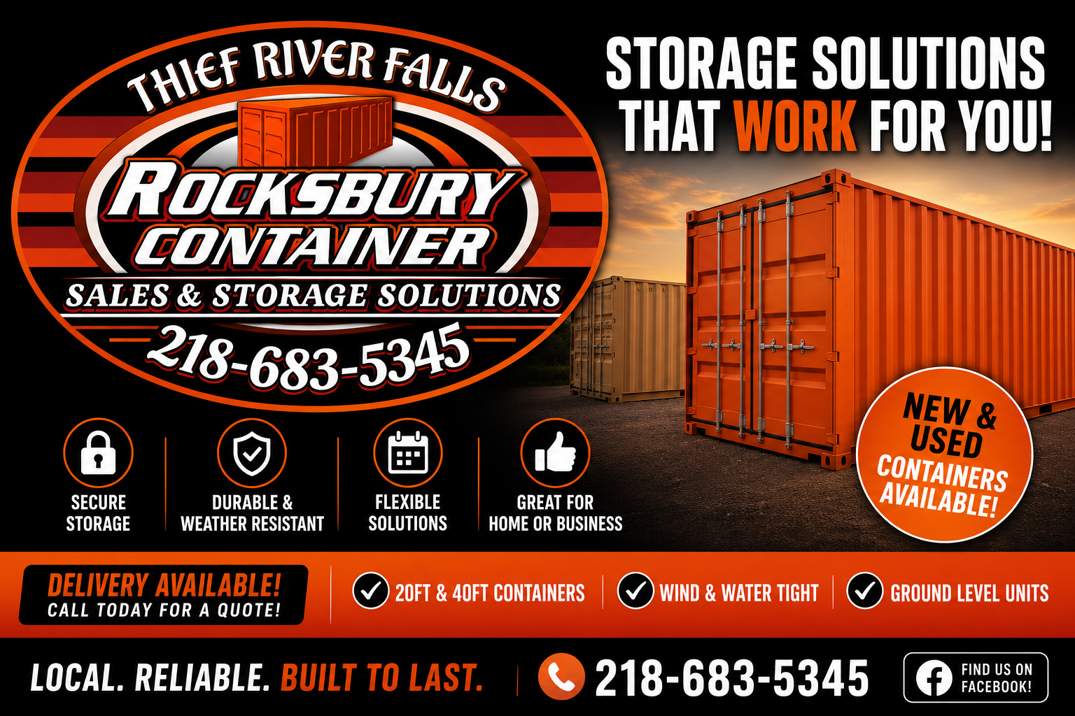 Business advertisement for Rocksbury Container, offering new and used storage containers, with contact number 218-683-5345. The ad features images of orange and beige shipping containers, with icons indicating secure storage, weather resistance, flexibility, and suitability for home or business use. It highlights delivery options, container sizes 20ft and 40ft, and features wind and water resistance, ground-level units, and reliability.