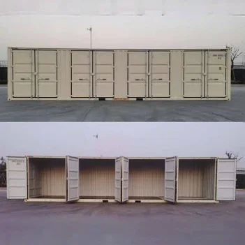 Two images of beige shipping containers, one with closed doors and one with open doors showing the interior
