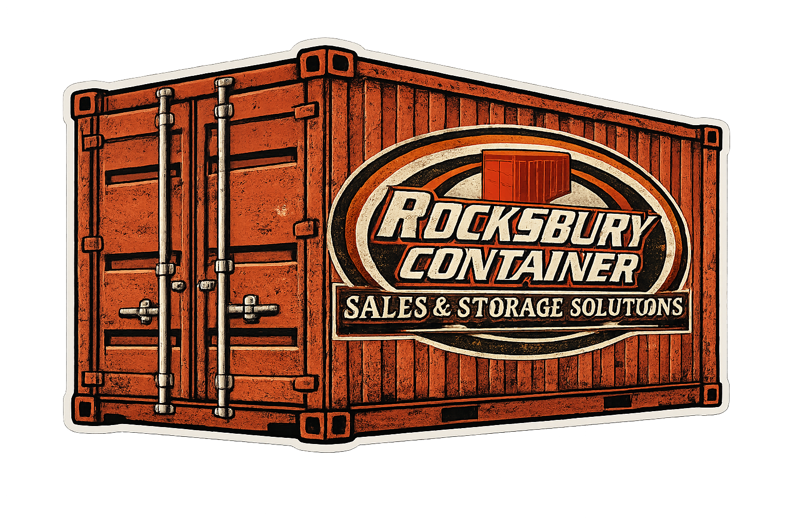 A logo for Rocksbury Container displaying a red shipping container, with the words 'SALES & STORAGE SOLUTIONS' underneath, on a wooden crate background.