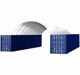 A large white dome-shaped canvas canopy cover, storage, structure connected to two blue shipping containers.