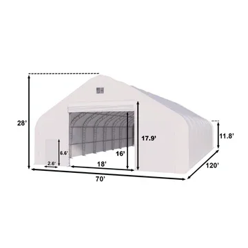 Outdoor storage shed with a curved roof, measuring 70 feet long, 16 feet wide, and 28 feet tall, featuring a large open front area.