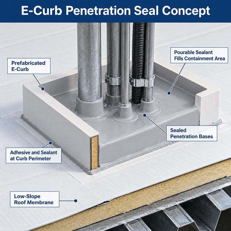 Technical cutaway of grouped roof conduits enclosed by a prefabricated penetration seal curb with pourable sealant.