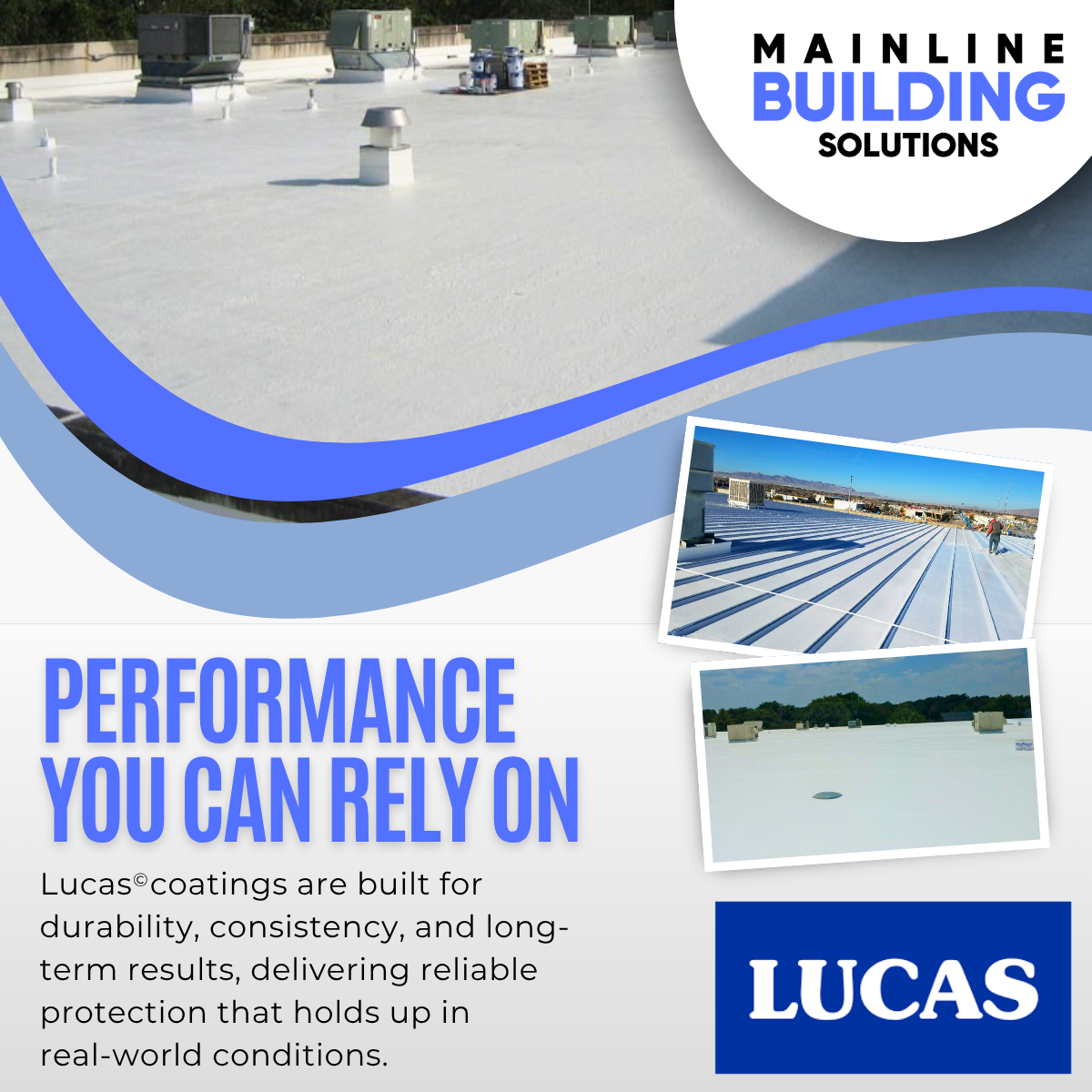 A technical view of Lucas high-performance roof coatings applied to a large commercial deck, illustrating a restorative Midwest commercial roofing strategy for long-term building envelope protection.