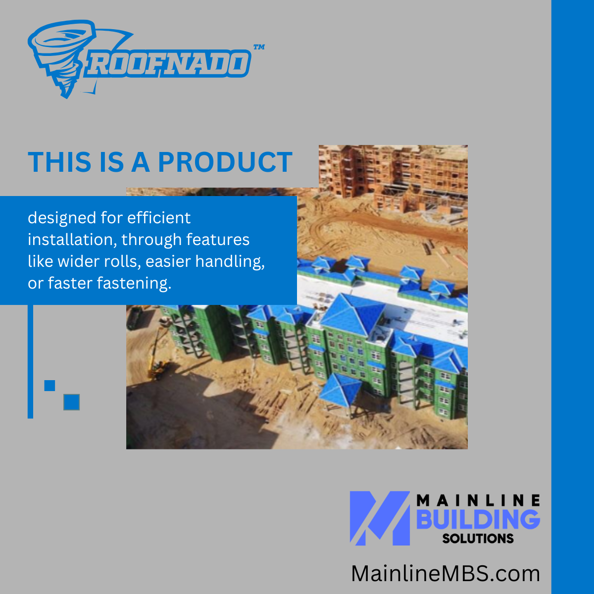 A promotional graphic for Mainline Building featuring the "Roofnado" product, designed for efficient installation on large-scale construction sites to mitigate risks like winter commercial roof damage.