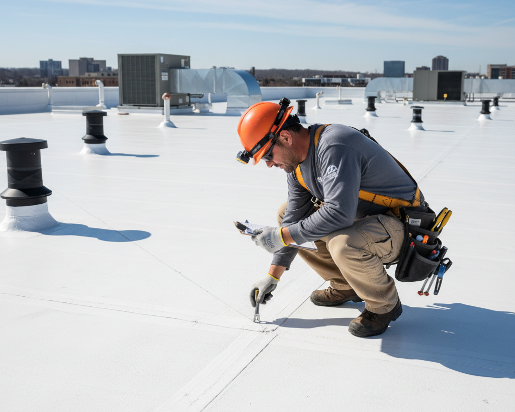 A skilled technician from Mainline Building performing a meticulous inspection on a bright white commercial rooftop, proactively checking seams to prevent winter commercial roof damage.