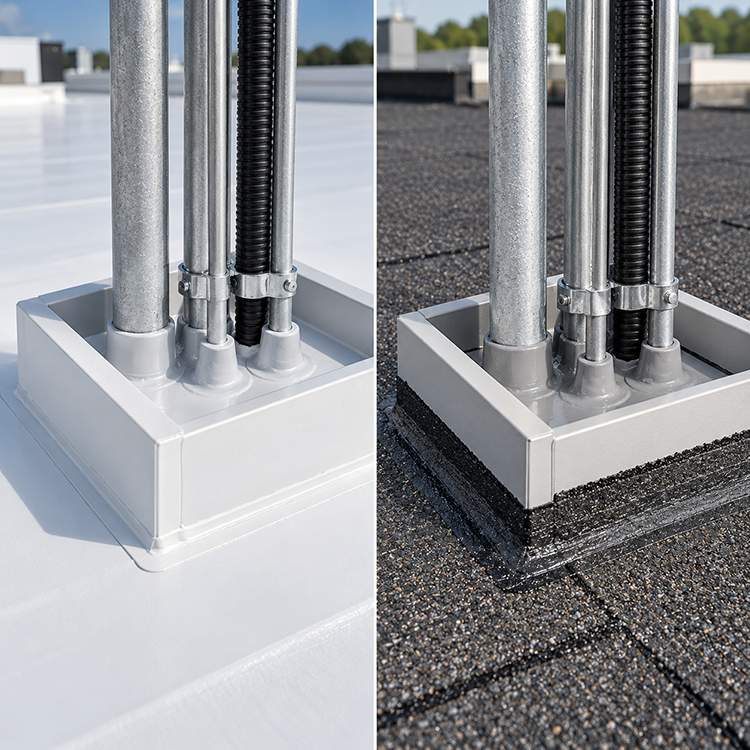 Commercial roof penetration details shown on TPO and granulated modified bitumen membranes for compatibility comparison.