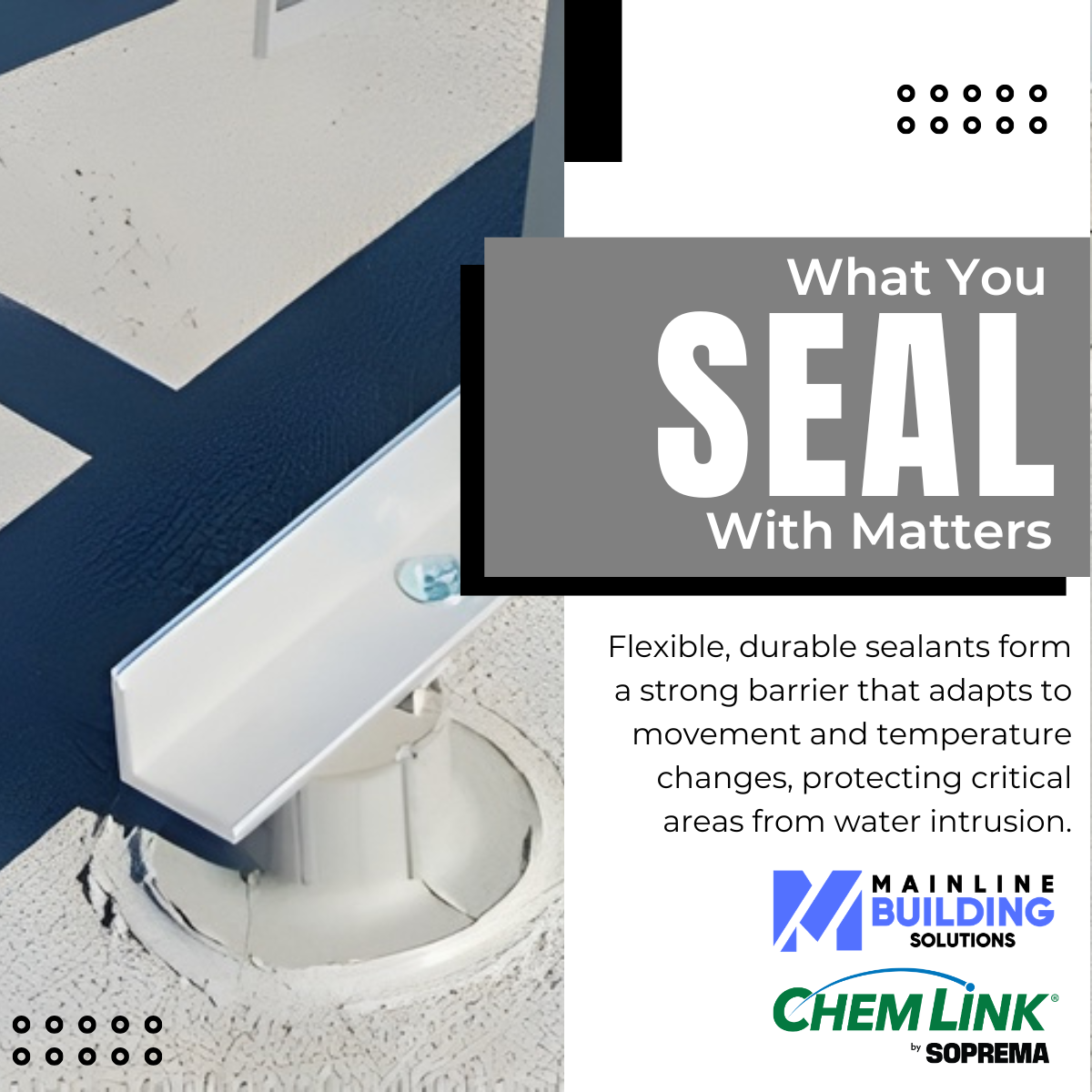 A technical product showcase for Chem Link sealants, explaining how a proper Midwest commercial roofing strategy utilizes flexible barriers to protect critical penetrations from water intrusion and temperature shifts.