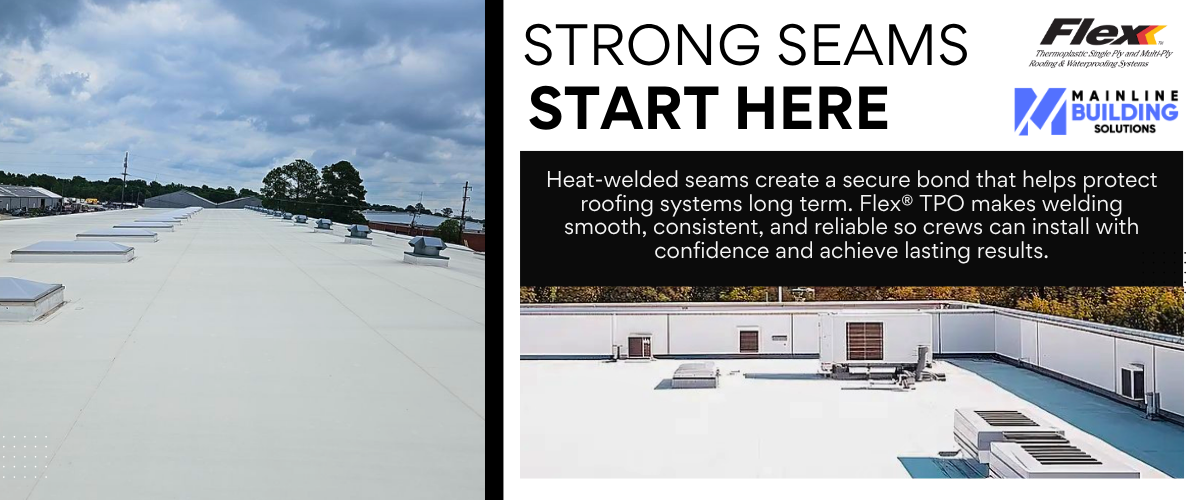 Heat-welded seams make strong flat roofs. Explanation of how commercial roof seams are made.
