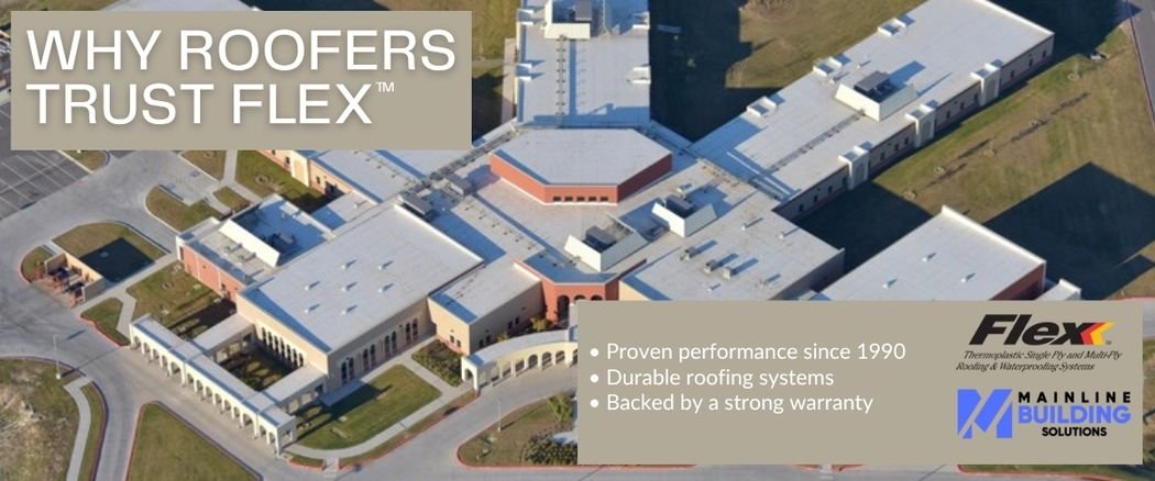 An aerial perspective of a large-scale facility utilizing Flex Thermoplastic Single-Ply systems, a key component of a durable Midwest commercial roofing strategy supplied by Mainline Building Solutions.