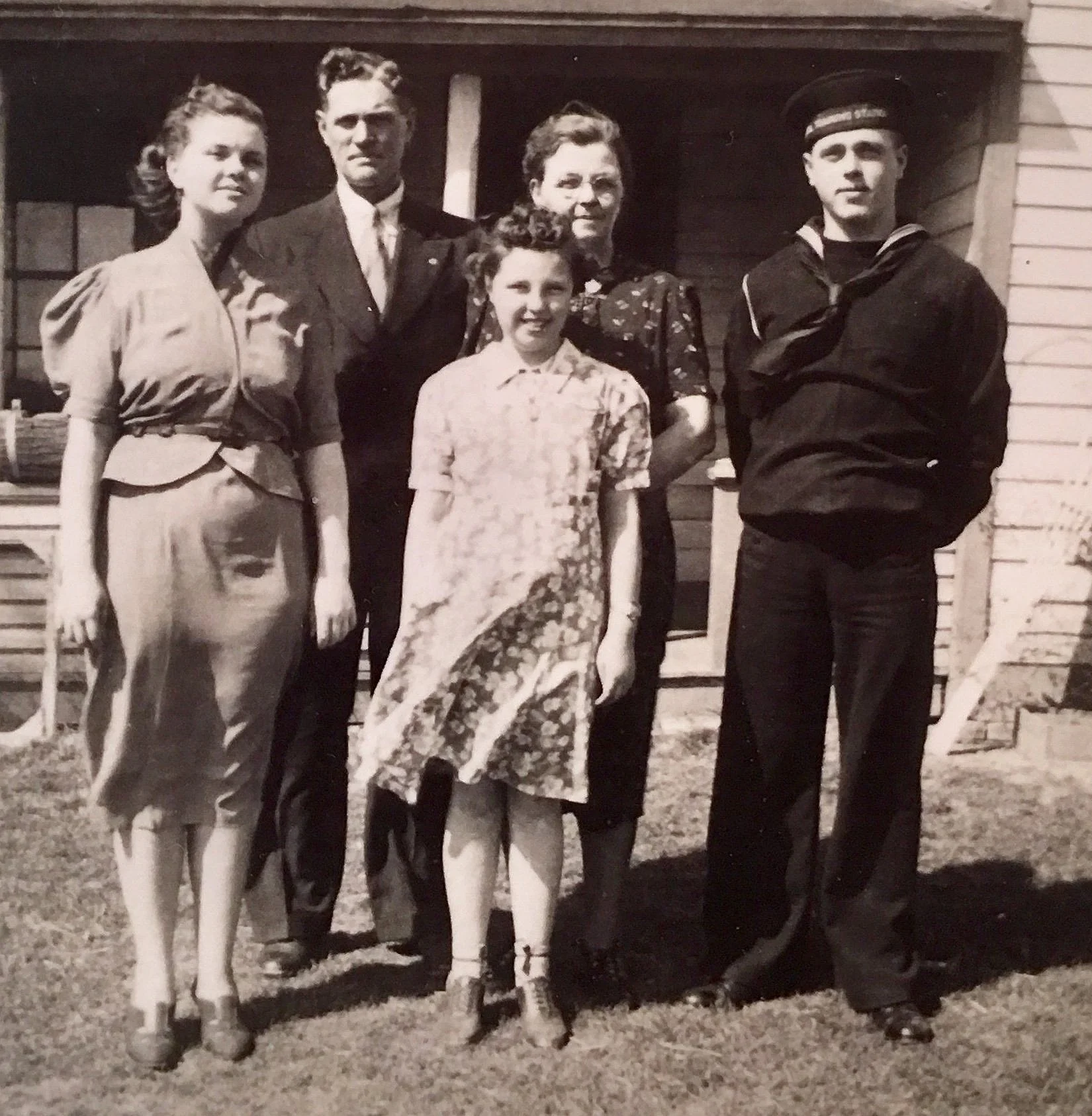 Aunt Mary and Aunt Peg front row. Grandpa George and Grandma Margaret and Tom Kirley in back row. Circa 1938 right before Tom shipped out to Pearl Harbor.