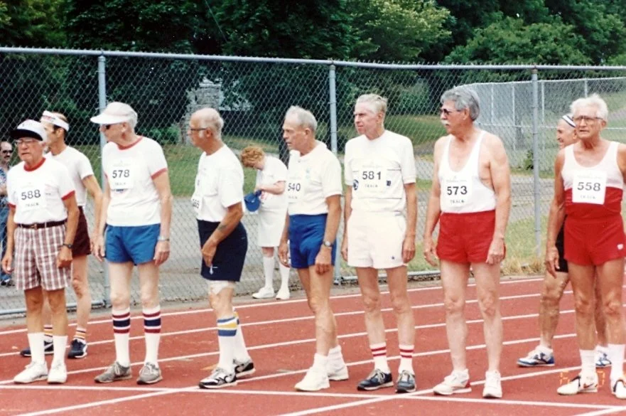 Grandpa Tom Kirley (center in blue short shorts!) racing in the 1991 Senior Olympics in Syracuse New York