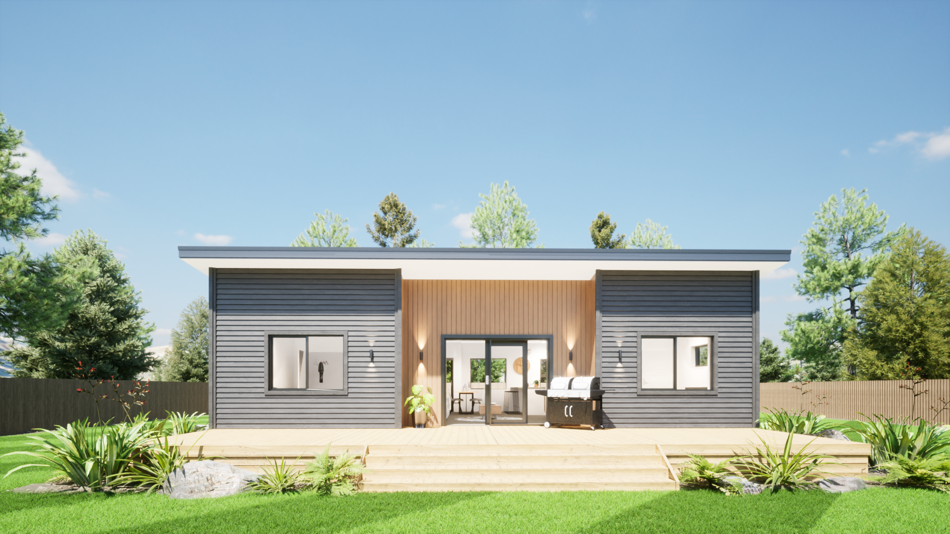 Modern single-story house with gray siding and wooden accents, a patio with a barbecue grill, and surrounded by green lawn and trees.