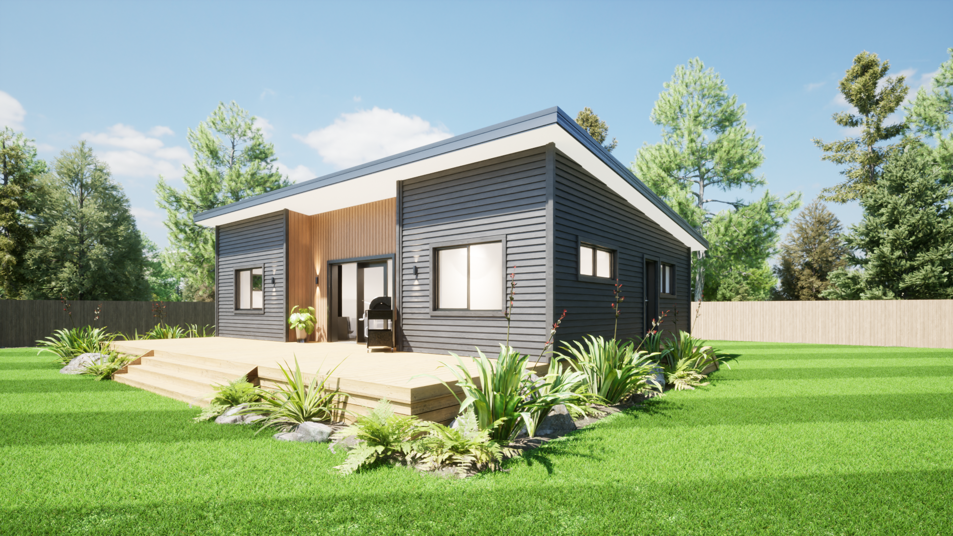 Modern house with dark blue siding, a small porch area with a grill, surrounded by lush green grass and trees under a blue sky with some clouds.