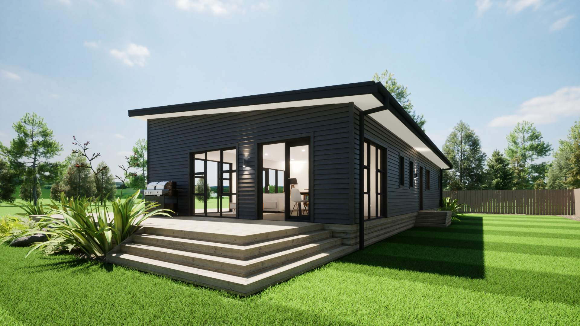 A modern black house with large glass sliding doors and a wooden deck with steps, surrounded by green grass and trees under a partly cloudy sky.