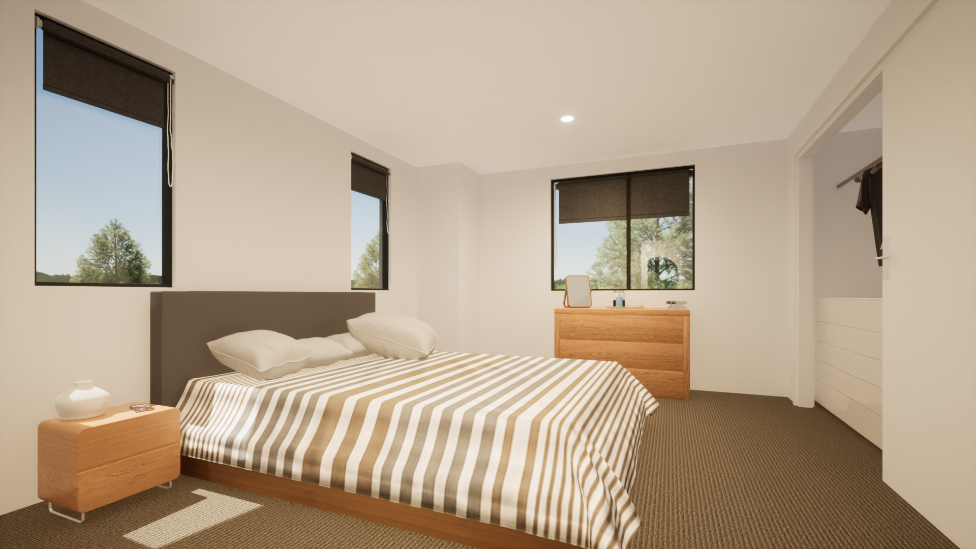 A minimalistic bedroom with a bed, nightstand, dresser, and windows showing trees outside.