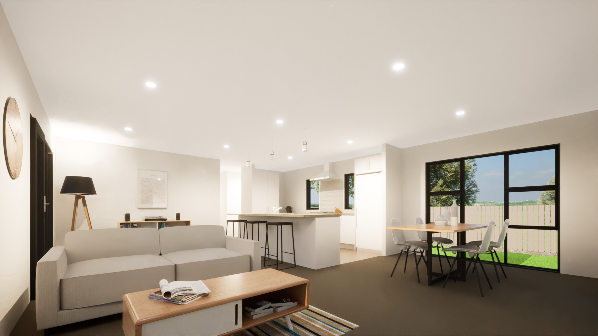 Modern open-plan living room and kitchen with white walls, large windows, a gray sofa, wooden coffee table, dining table with chairs, and backyard view.