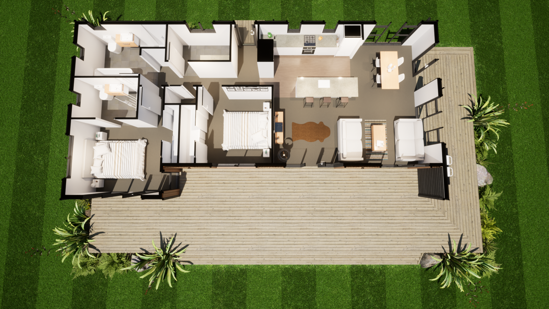 Top-down view of a modern house floor plan with two bedrooms, a bathroom, an open kitchen and dining area, a living room, and a spacious outdoor deck with seating and greenery.
