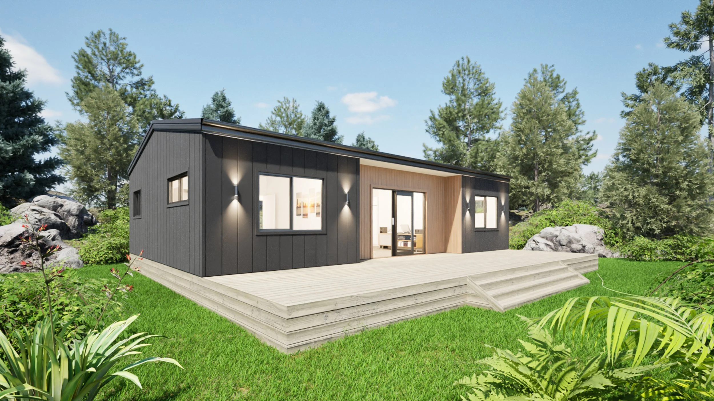 A modern single-story house with black and wood exterior, large windows, a wooden deck, and surrounding trees and greenery.