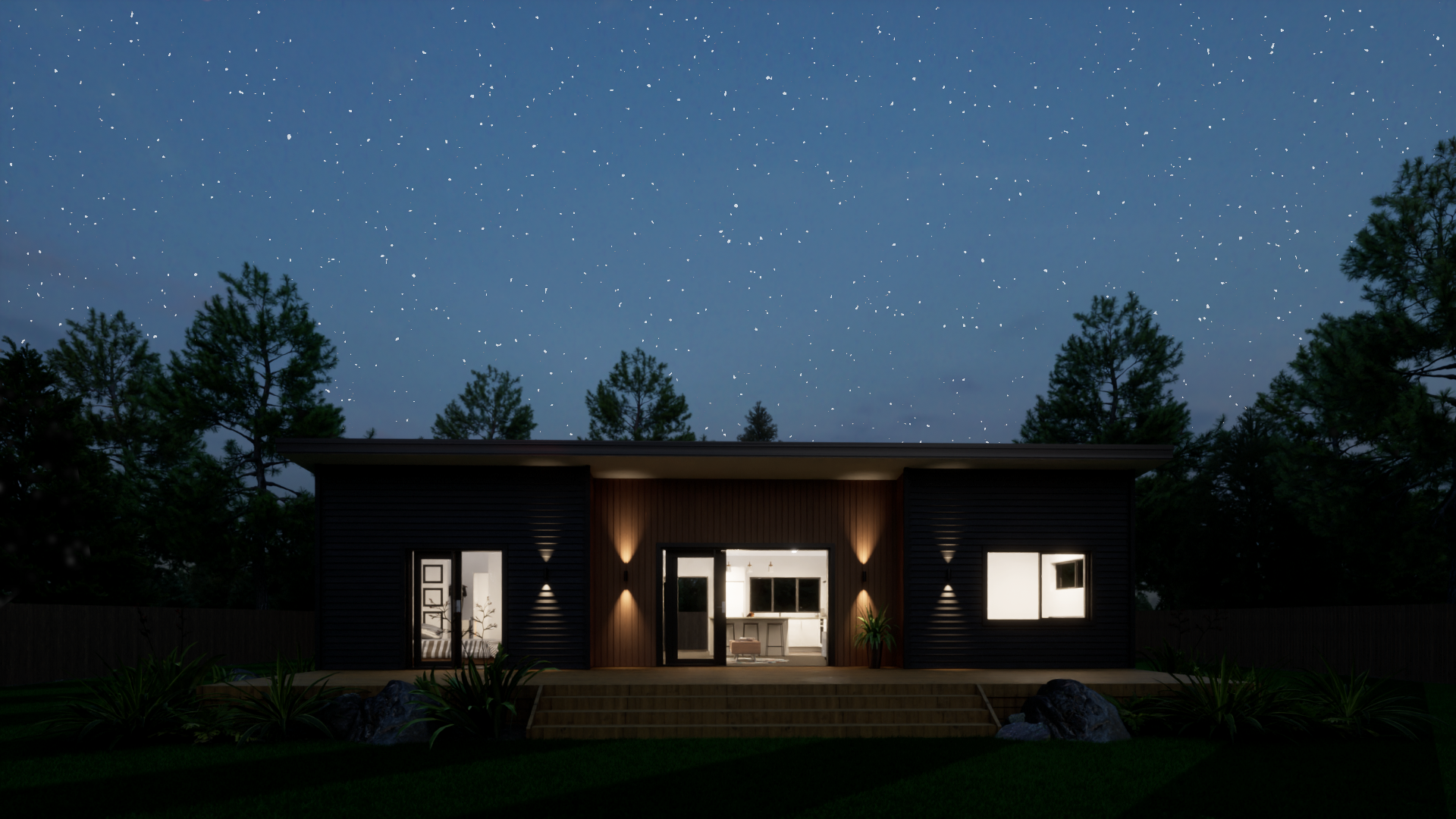 Nighttime view of a modern house with lit interior windows, surrounded by trees and under a starry sky.