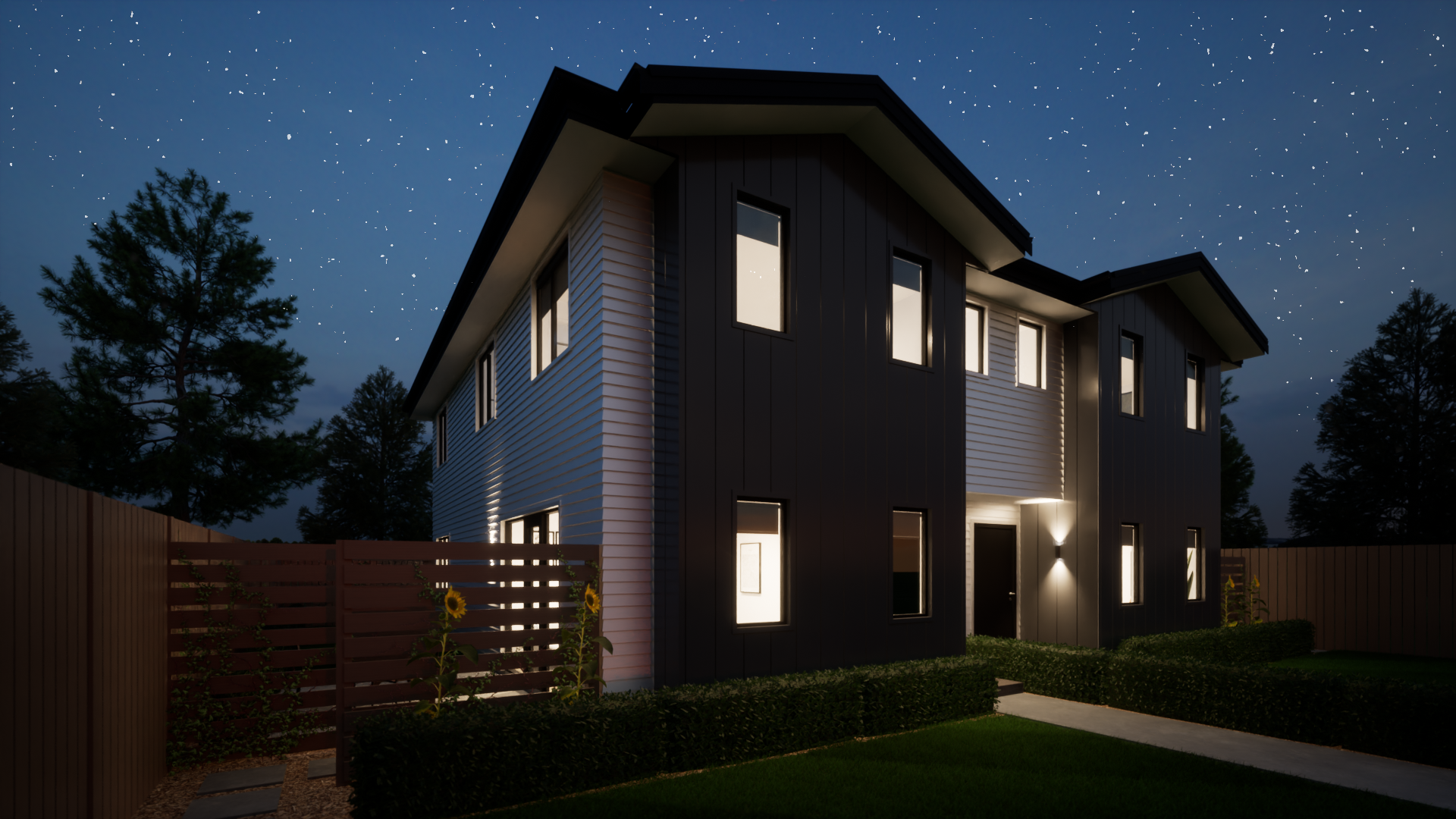 A modern, multi-story house with illuminated windows at night, surrounded by a lawn, a wooden fence, trees, and a starry sky.