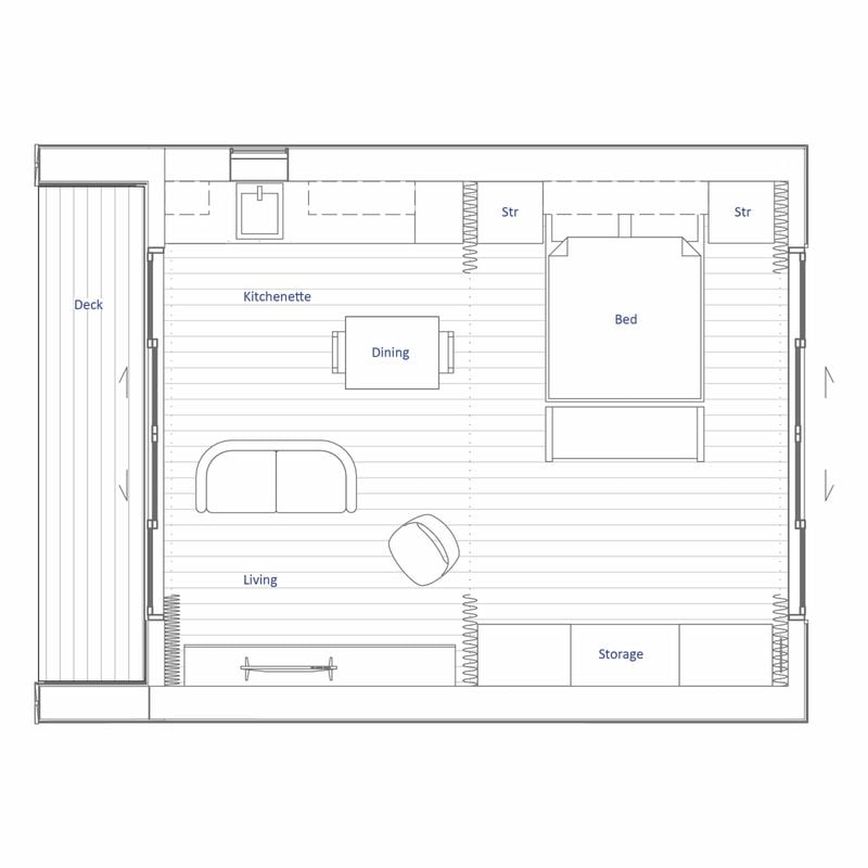Floor plan of a small house with a deck outside, kitchenette, dining area, living space with furniture, a bed, storage, and outdoor straps.