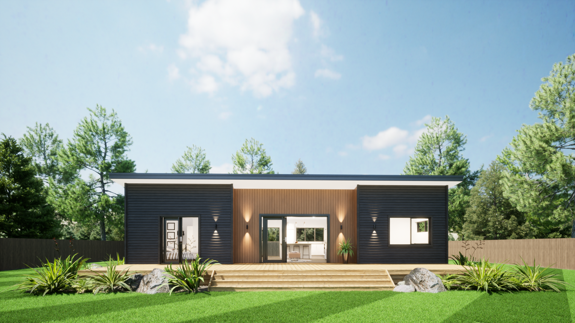 Modern single-story house with black exterior, wooden accents, and a small front porch with steps, surrounded by lush green grass, plants, rocks, and tall trees under a partly cloudy sky.