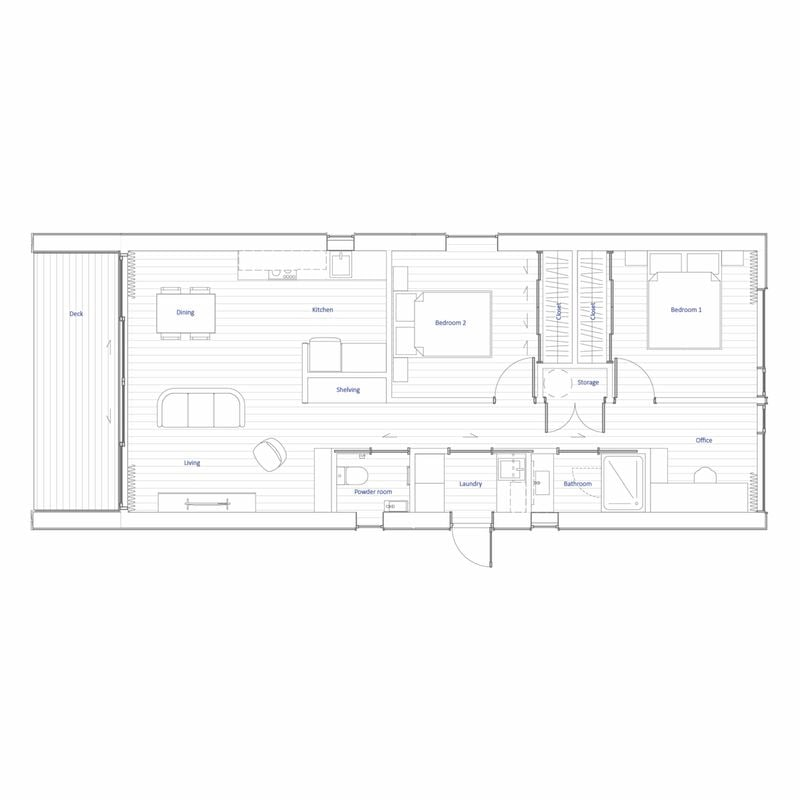 Floor plan of a house showing a living room, kitchen, dining area, deck, bedrooms, bathroom, laundry, storage, powder room, and office.