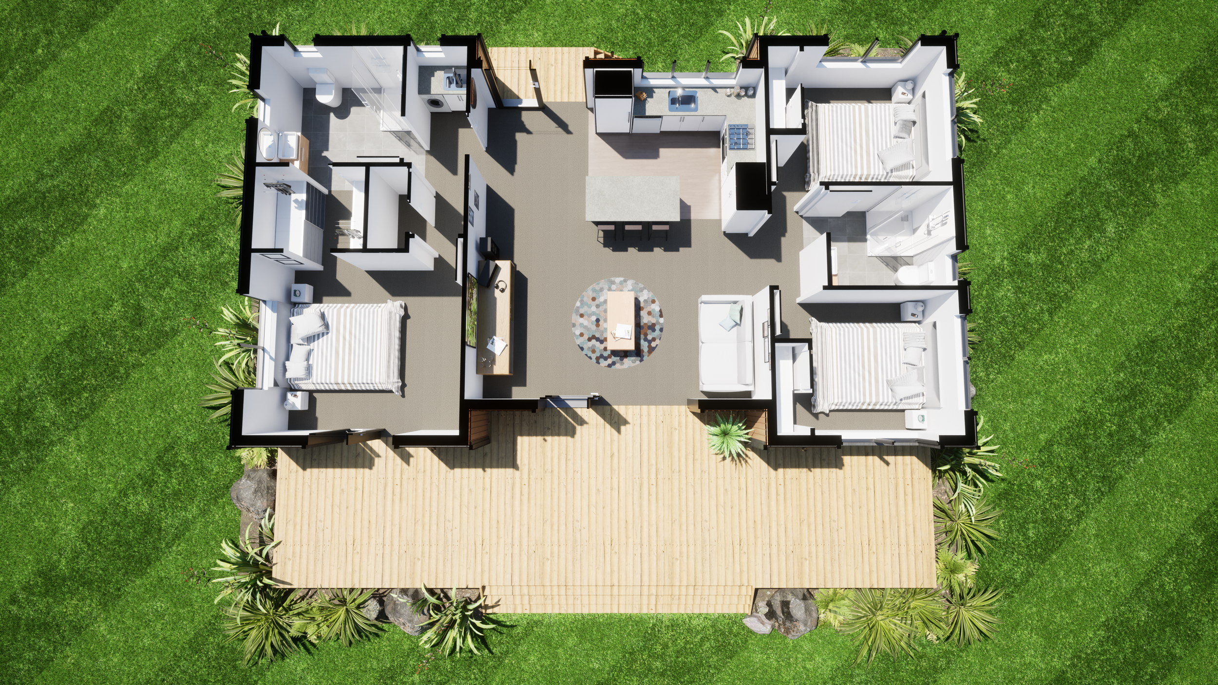 Overhead view of a house floor plan featuring three bedrooms, a kitchen with an island, a living room, and outdoor wooden decks surrounded by green grass and landscaping.