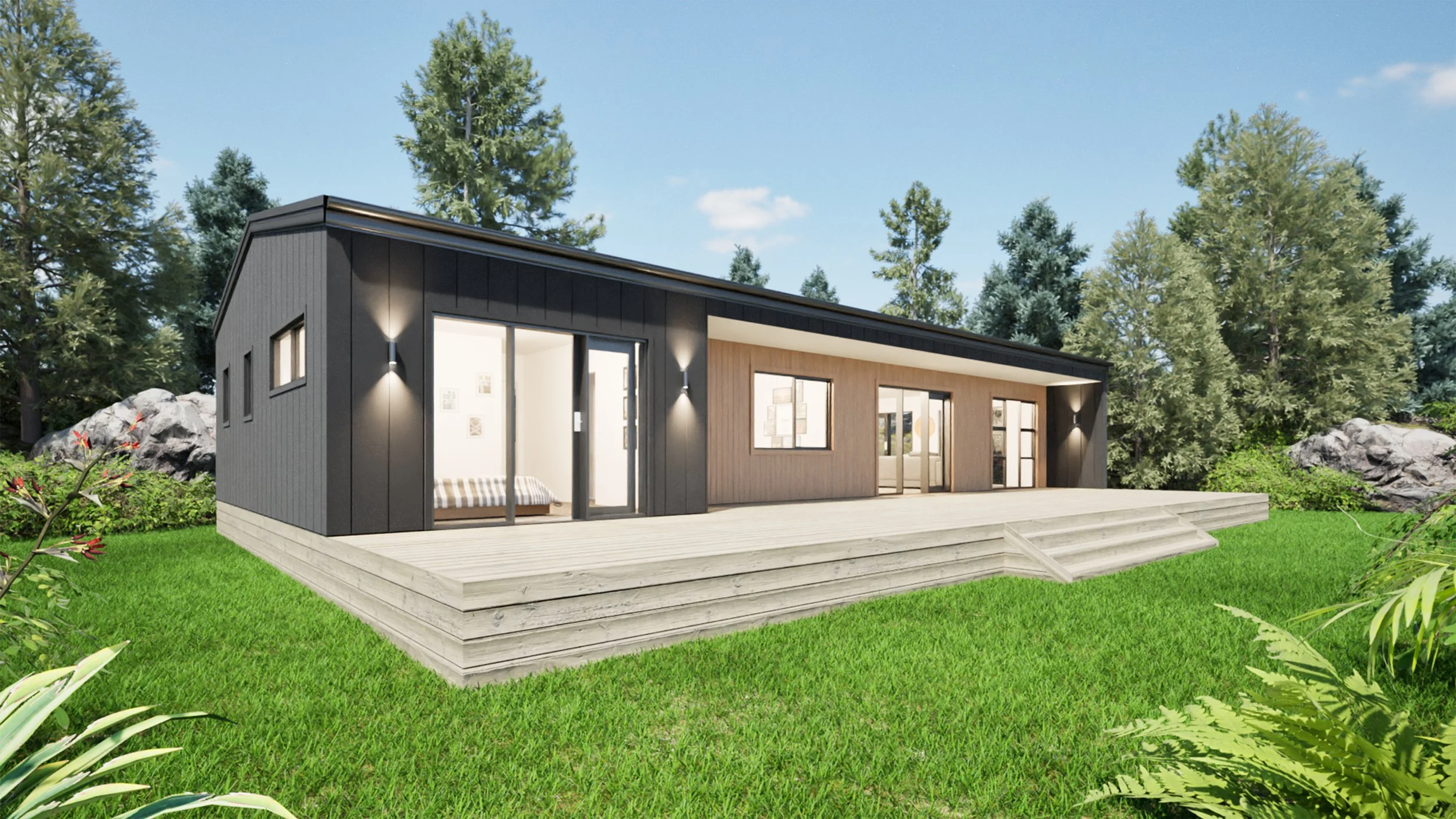 Modern house with black and wood siding, large glass windows, and a wooden deck with stairs, surrounded by green grass and trees.