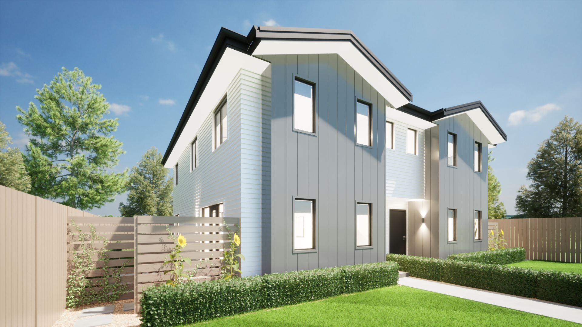 Modern two-story house with gray exterior siding, black roof, and multiple windows, surrounded by a well-kept lawn, bushes, and trees, under a blue sky.