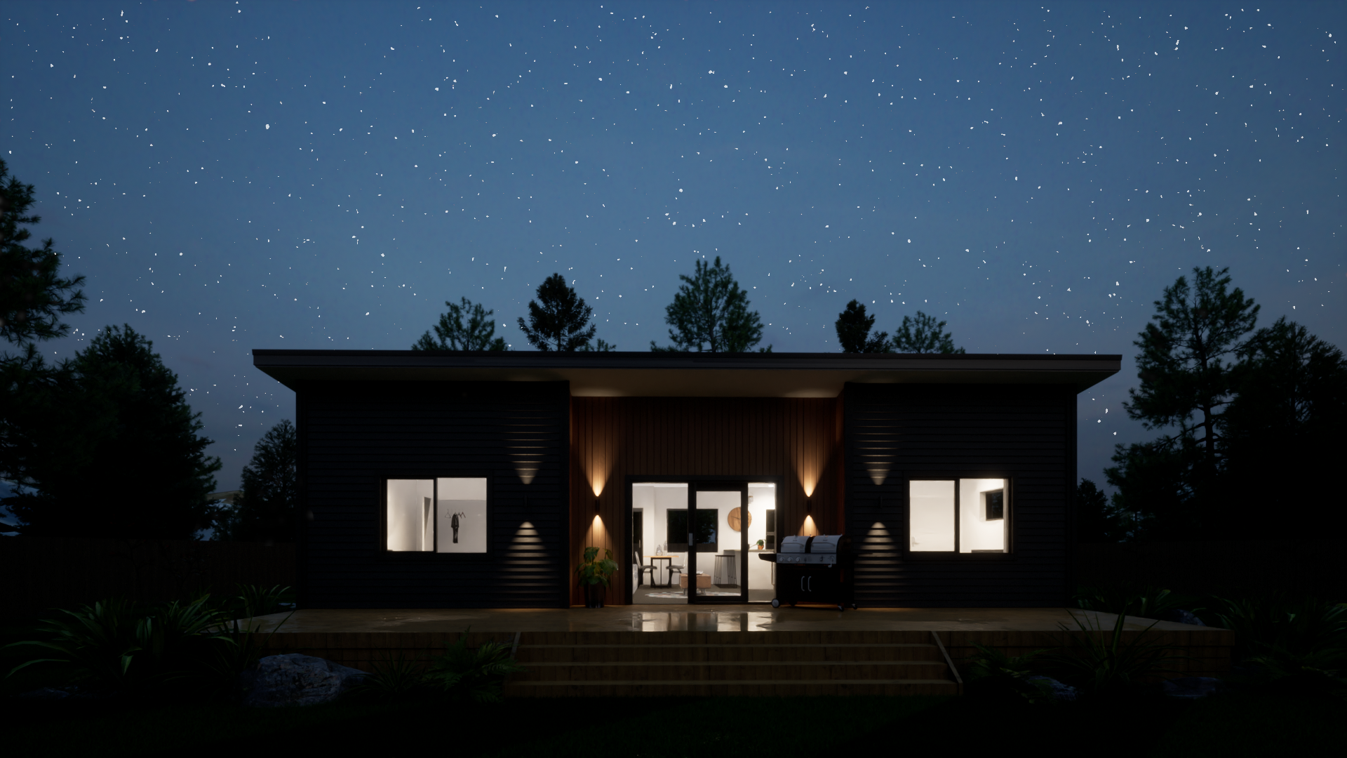A modern house illuminated at night with lights on inside, a grill outside on a wooden deck, and a starry sky with trees in the background.