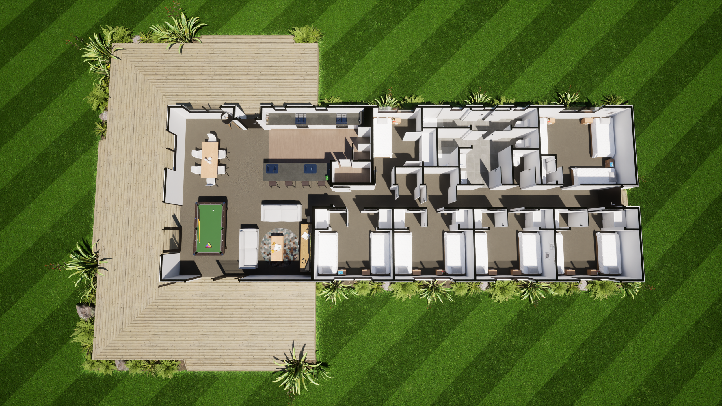 Top-down view of a modern house floor plan with an outdoor deck, green lawn, and landscaped yard, featuring multiple rooms including bedrooms, a kitchen, living areas, and recreational spaces.