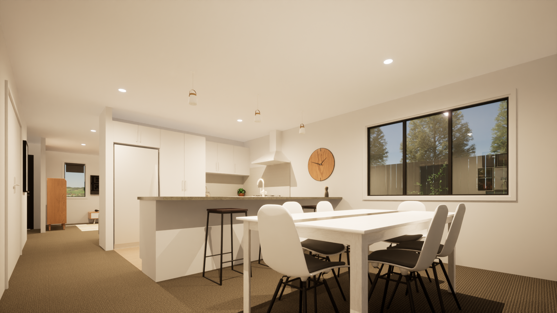 Interior shot of a modern, minimalist kitchen and dining area with white walls, a large window showing trees outside, a white dining table with six chairs, a white kitchen counter with bar stools, and a large round wall clock.