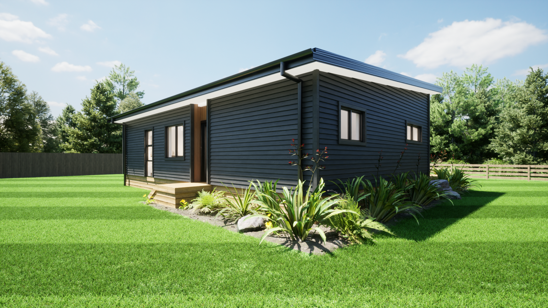 Modern house with black siding, small front porch, surrounded by a green lawn, trees, and shrubbery under a partly cloudy sky.
