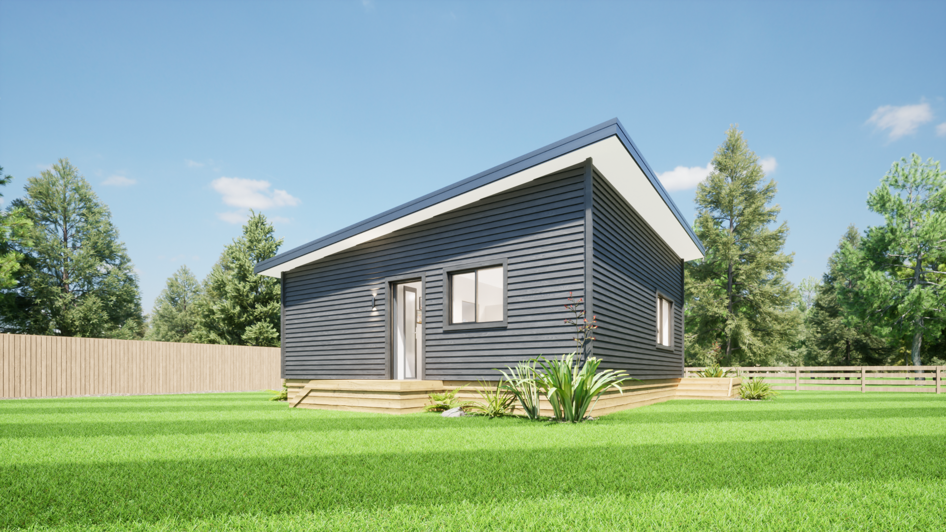 Modern black house with a flat roof, set in a green yard with trees and a blue sky.