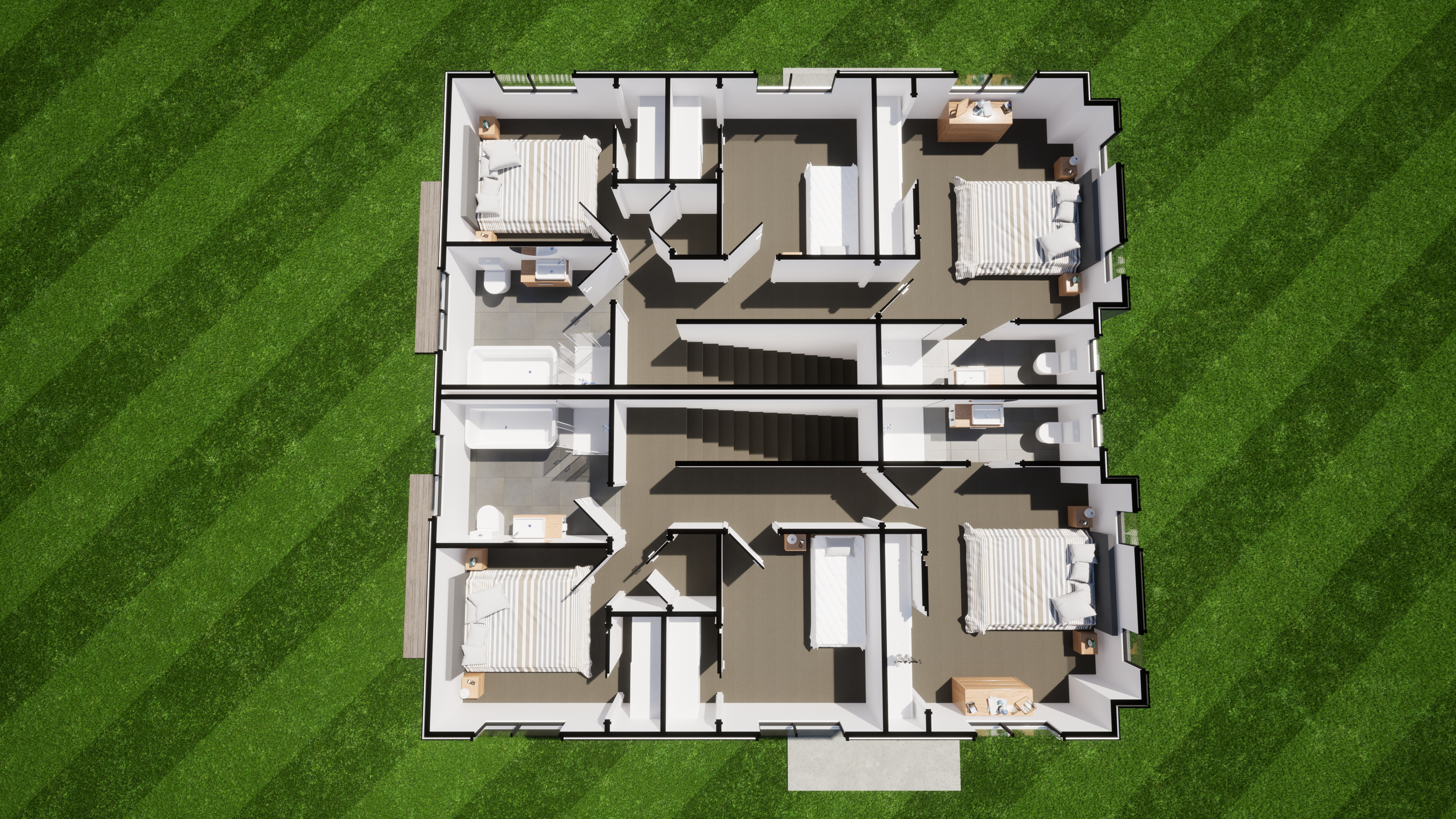 Top-down view of a multi-unit residential building with six visible apartments, each with bedrooms, bathrooms, and living areas, surrounded by a green lawn.