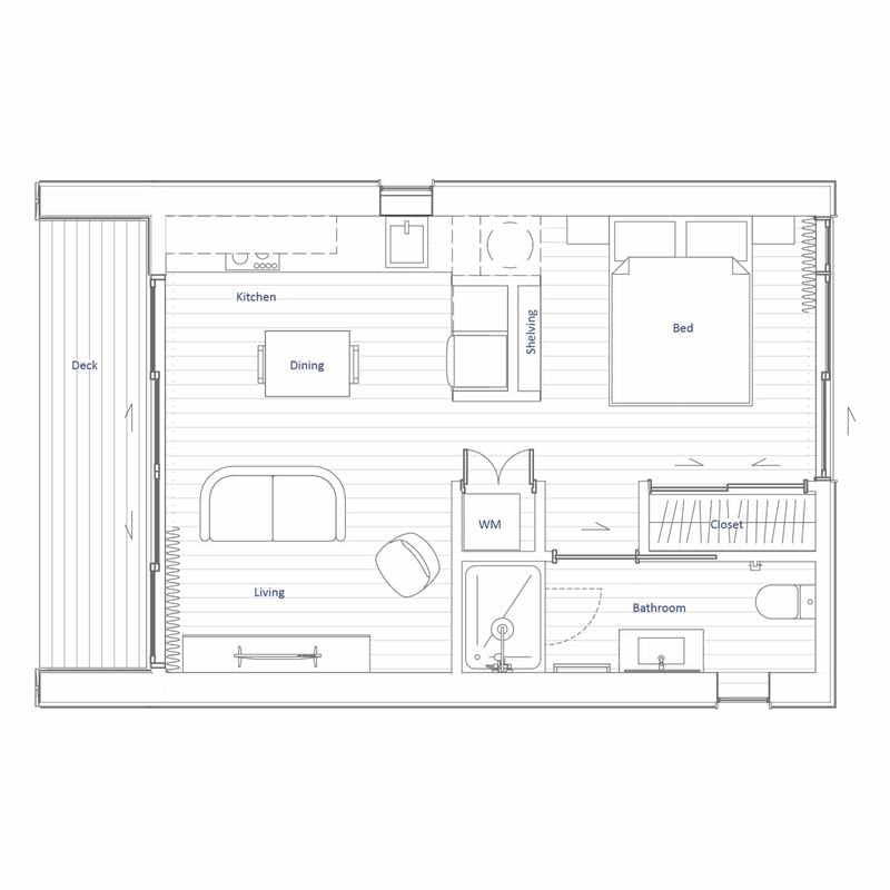 Floor plan of a small house with a deck, kitchen, dining area, living room, bedroom, bathroom, closet, and laundry area.