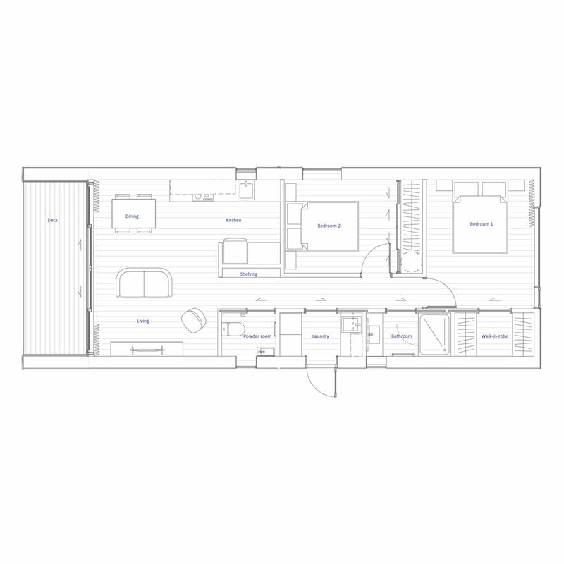 Floor plan of a house with areas labeled Living, Dining, Kitchen, Powder room, Laundry, Bathroom, Bedroom 1, Bedroom 2, Walk-in-robe, and Deck.